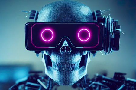 Cyberpunk skull robot - science fiction cyberpunk skull face wearing futuristic virtual reality...