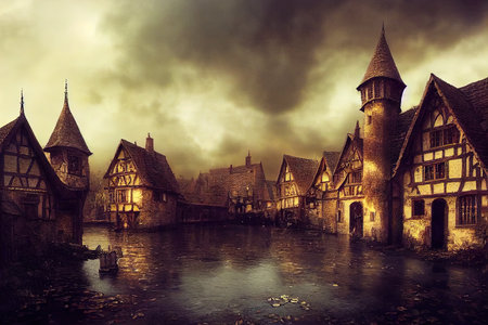 Creepy medieval fantasy village - digital illustration.の写真素材