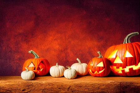 Halloween pumpkins on the wooden table against the background of the brown wall. digital illustration.の写真素材