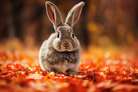 Cute rabbit playing in a pile of autumn leavesの写真素材