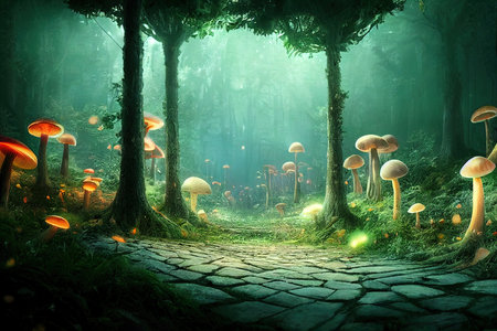 Fantasy deep forest, Luminous huge mushrooms, luminous fireflies, luminous path made out of shimmering stone blocksの写真素材
