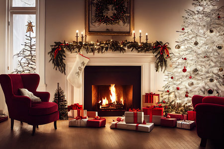 Christmas living room interior with decorated fireplace, armchair and Christmas tree.の写真素材