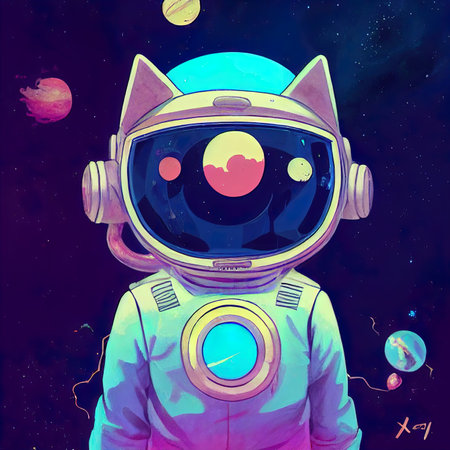 Cute quasar galaxy cat floating in space with astronaut suit and helmet, digital illustration.の写真素材