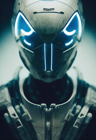 Cyborg with luminous eyes on black background. Front view of science fiction cyborg. Robot with artificial intelligence. digital illustration.の写真素材