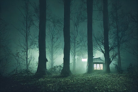 Scary house in the mysterious horror forest at night. digital illustration.の写真素材