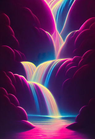 Soft pink neon waterfall, digital illustration.の写真素材