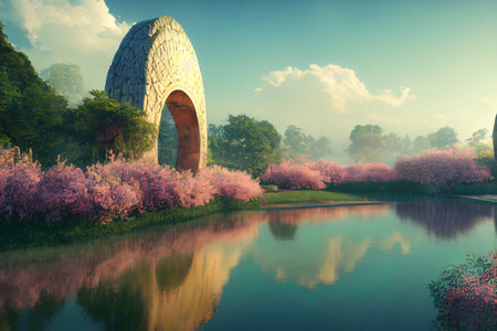 Ancient round arch, temple of eternity, calm water surrounded by flowers in a serene setting. digital illustration.の写真素材