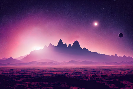 Mars purple space landscape with large planets on purple starry sky, meteors and mountains. digital illustration.の写真素材