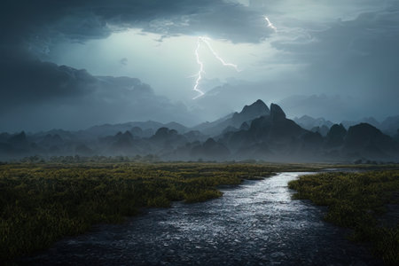 Swamp plains with dirt road winding through, mountain background, dramatic lighting with blue streaks of lightning in a cloudy dark sky, digital illustration.の写真素材