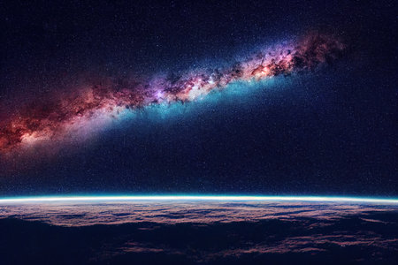 Panorama view universe space shot of milky way galaxy with stars on a planet. digital illustration.の写真素材
