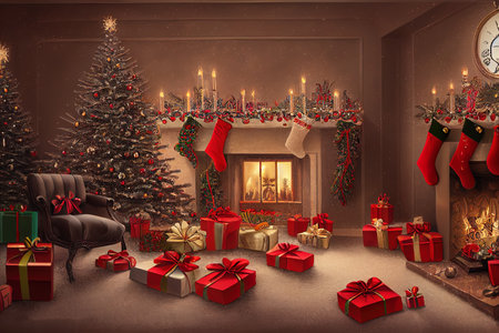 Christmas room interior design, decorated tree in garland lights. digital illustration.の写真素材