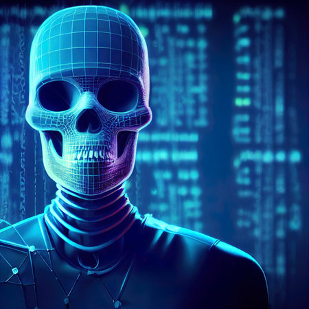 internet danger. Skull, malicious code hacker. digital illustration.の写真素材