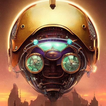 Portrait of a retro steampunk robot. The robot poses in an astronaut costume and a space helmet. digital art style illustration paintingの写真素材