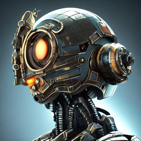 Portrait of a retro steampunk robot. The robot poses in an astronaut costume and a space helmet. digital art style illustration paintingの写真素材