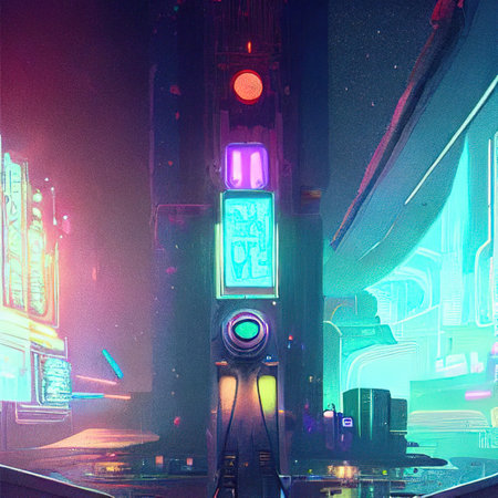 Cyberpunk dystopian cityscape, futuristic in a foggy neon city. digital illustration.の写真素材