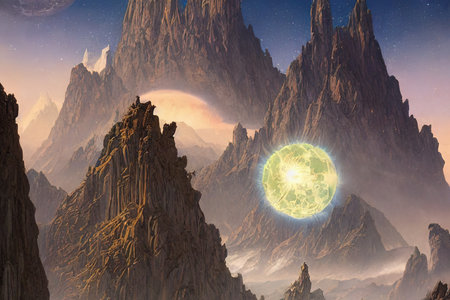 Digital painting of a picturesque mountain landscape on an alien planet with an energy sphere.の写真素材
