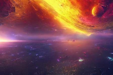 Colorful outer space with asteroids and planets. digital illustration.