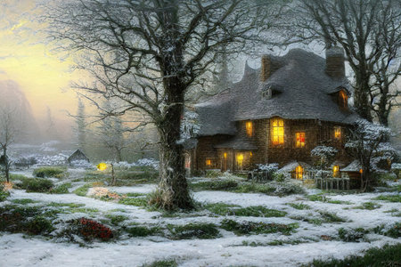Dawn in the forest village in winter. digital illustration.の写真素材