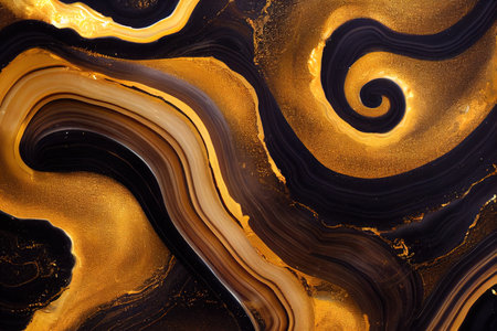 Scrolls of marble or ripples of agate. Texture of liquid marble black and gold. liquid art. digital illustration.の写真素材