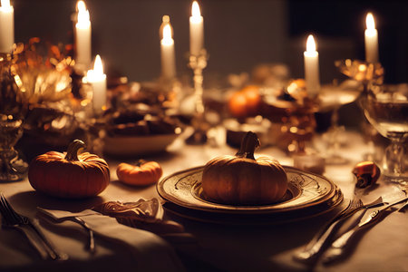 Thanksgiving dinner with pumpkin by candlelight. digital illustration.の写真素材