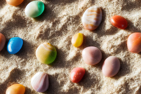 Top down photograph of sand with seashells and jelly beans. digital illustration.の写真素材