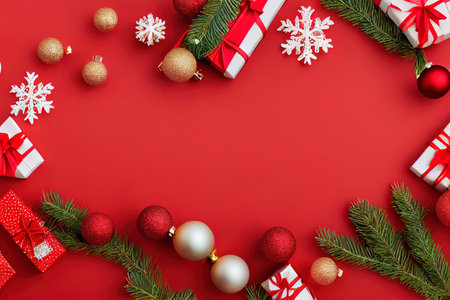 Fir branches with Christmas decoration on red background, flat lay. Space for text. digital illustration.の写真素材