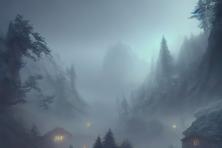 Foggy village. digital illustration artwork.の写真素材
