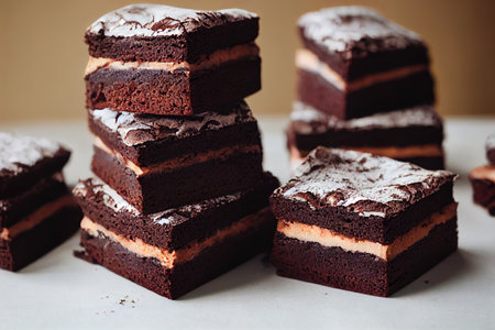 A stack of chocolate brownies, homemade cakes and dessert. The concept of a bakery, pastry shop. selective focus.の写真素材