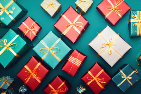 A lot of Christmas gift boxes in colored paper decorated on table, Top view close up. digital illustration.の写真素材