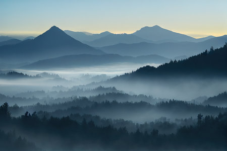 Foggy morning landscape in the mountains. digital illustration.の写真素材