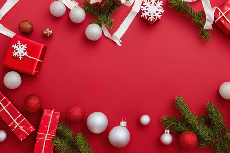 Fir branches with Christmas decoration on red background, flat lay. Space for text. digital illustration.の写真素材