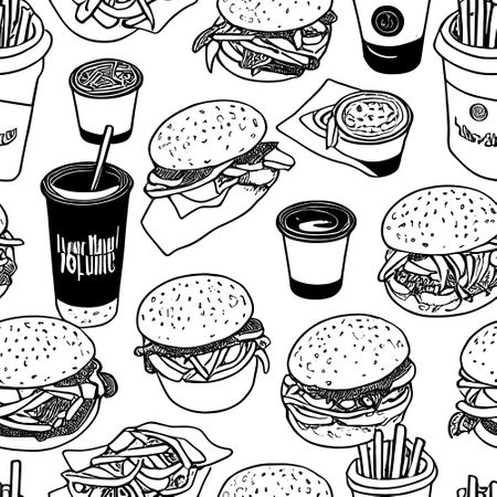 Seamless Pattern of Junk Food With Hand Drawing or Sketchy Style on White Background.のイラスト素材