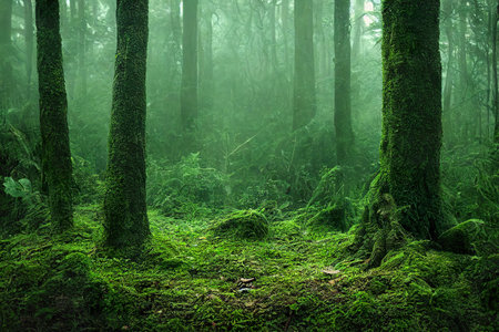 Natural forest during the day, fog create a mystical atmosphere.の写真素材