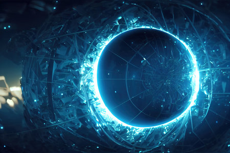 3d render, neon abstract background, geometric shapes in ultraviolet, blue violet glowing light,...