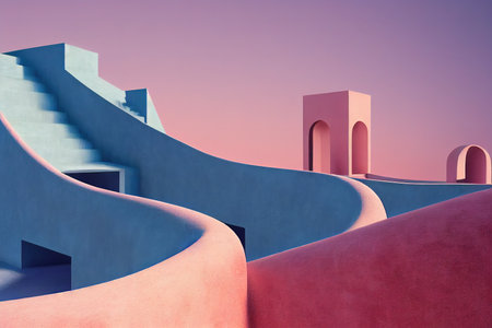 Colorful pink exterior in minimalist style with sunset sky background, 3D rendering. Various...