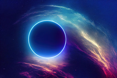 Neon ring in nebula, Outer space anomaly abstract background, 3d renderの写真素材