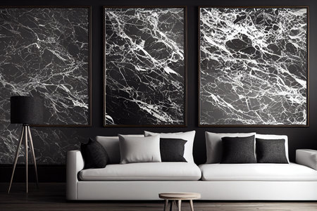 Marble in a frame on a cozy light gray background of a home interior with a white sofa and three frames. 3d renderingの写真素材