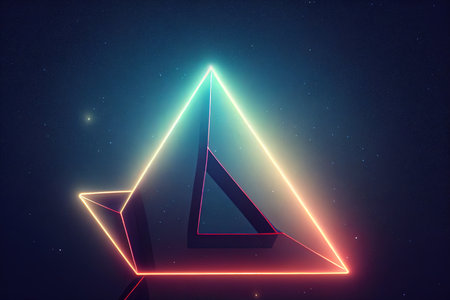 Cosmic neon triangles shapes in space, 3d render.