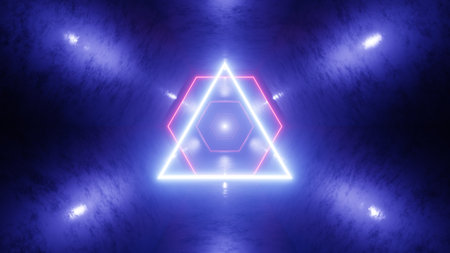 The flight of a neon triangle through an endless luminous tunnel. Design with neon glowing hexagons. 3d renderingの写真素材
