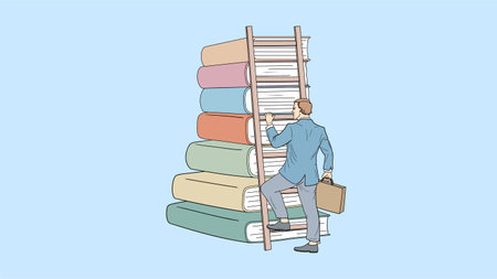 A businessman climbing a ladder on a stack of books, striving for knowledge, the concept of education, success, growth.のイラスト素材