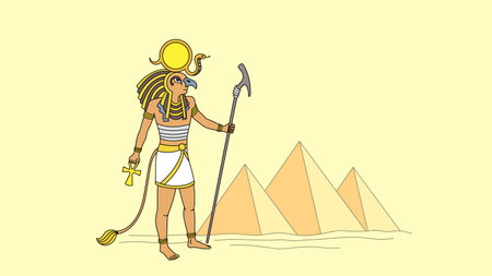The ancient Egyptian god Amon in the desert on a background with pyramids and sand dunes, the tombs of the pharaohs in Egypt and the figure of Amon Raのイラスト素材