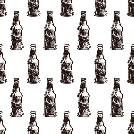 Hand Drawn Beer Bottle seamless pattern. Ink Sketch Of Alcoholic Drink. vector illustration.のイラスト素材