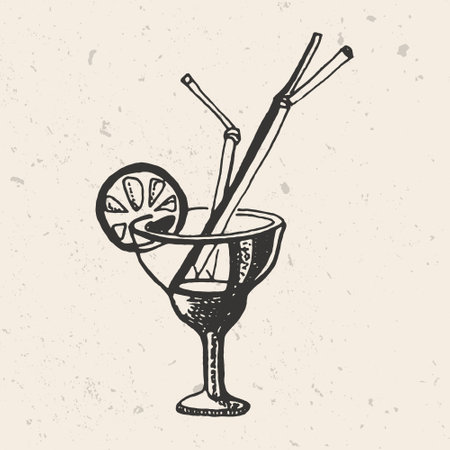 Hand drawn alcoholic cocktail with a straw sketch illustration.のイラスト素材