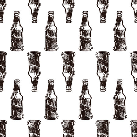 Hand Drawn Beer Bottle seamless pattern. Ink Sketch Of Alcoholic Drink. vector illustration.のイラスト素材