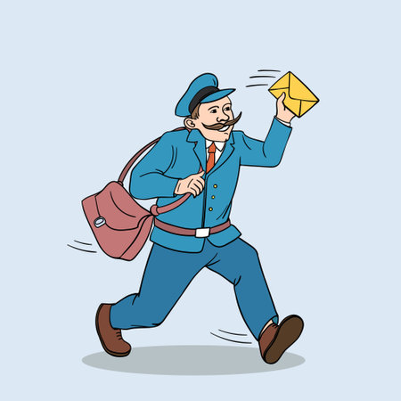 Working as postman with letters concept. Smiling man working as postman wearing uniform running...