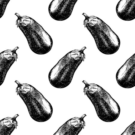Hand drawn seamless pattern sketch eggplant vegetable. Eco food.のイラスト素材