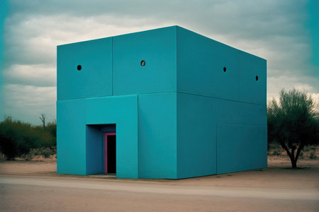 A minimalist box-shaped house, daylight exterior.の写真素材