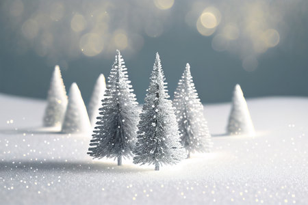abstract winter forest with blurred lights in snow, beautiful white christmas tree decoration on greeting card with copy space for holiday season in decemberの写真素材