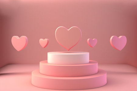 Pink podium with flying hearts. The concept of wedding and Valentine's day. 3d renderingの写真素材