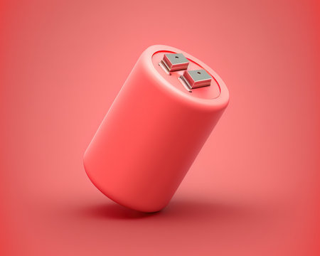 Battery icon simple 3d render illustration on red pastel background.